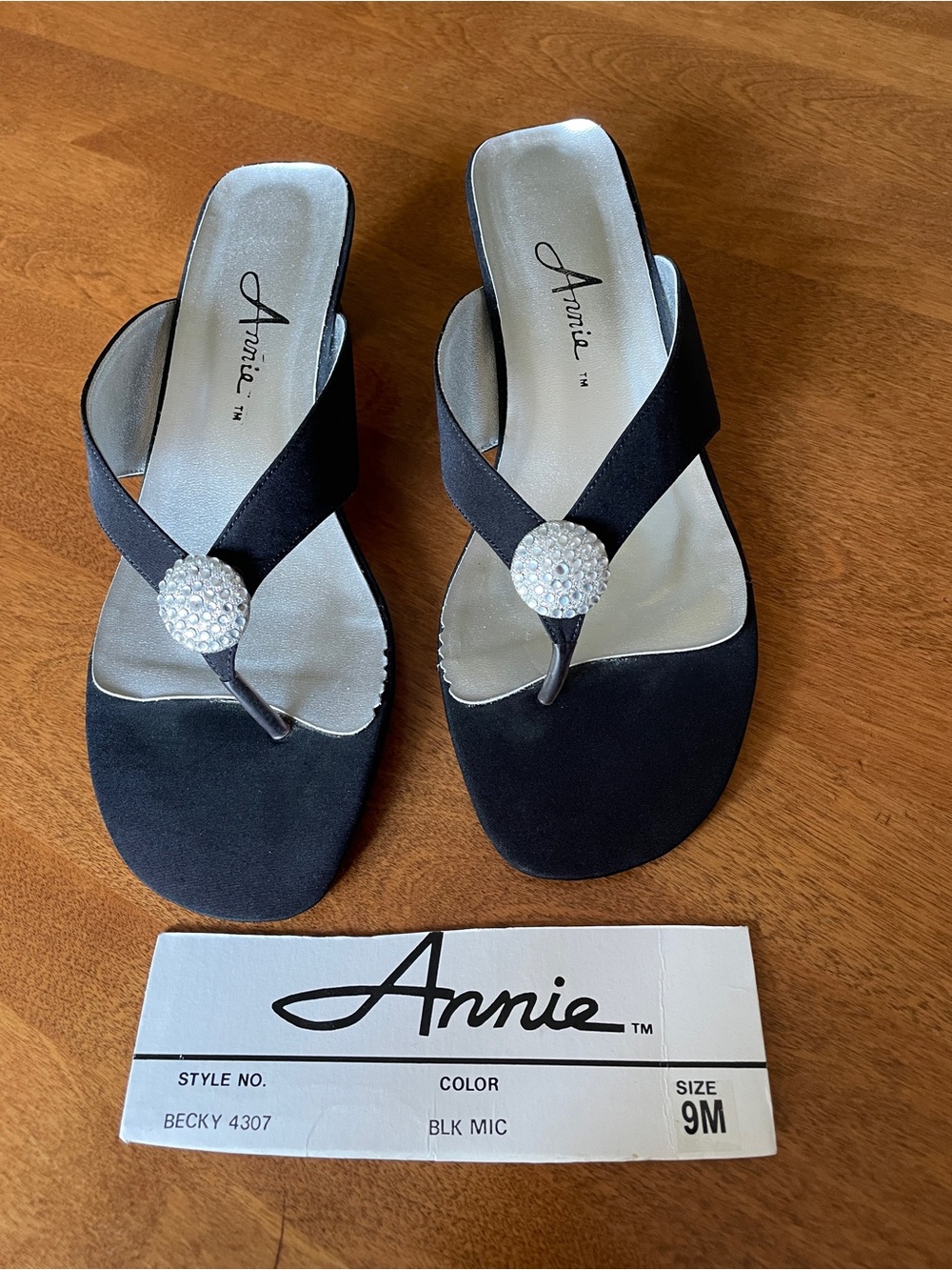Annie Black Thong Sandals with Rhinestone Orb Accent